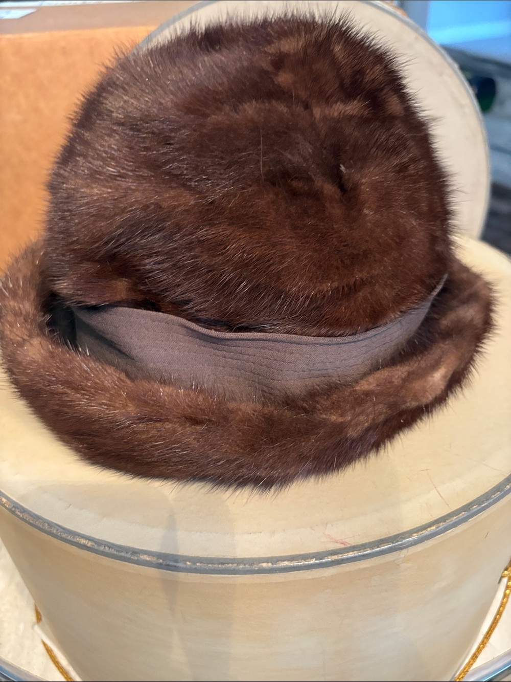 Lord & Taylor Dark Brown Fur Bucket Hat with Fabric Band